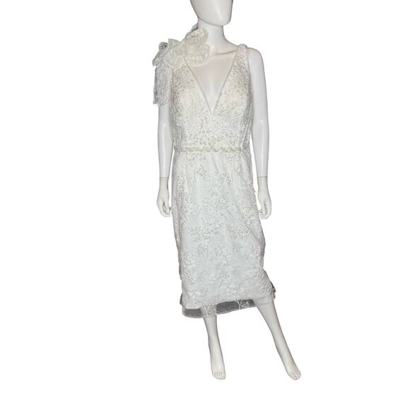 Mac Duggal White Floral Embellished V-neck Midi Dress with Shoulder Bow Sz 14 - Picture 2 of 10